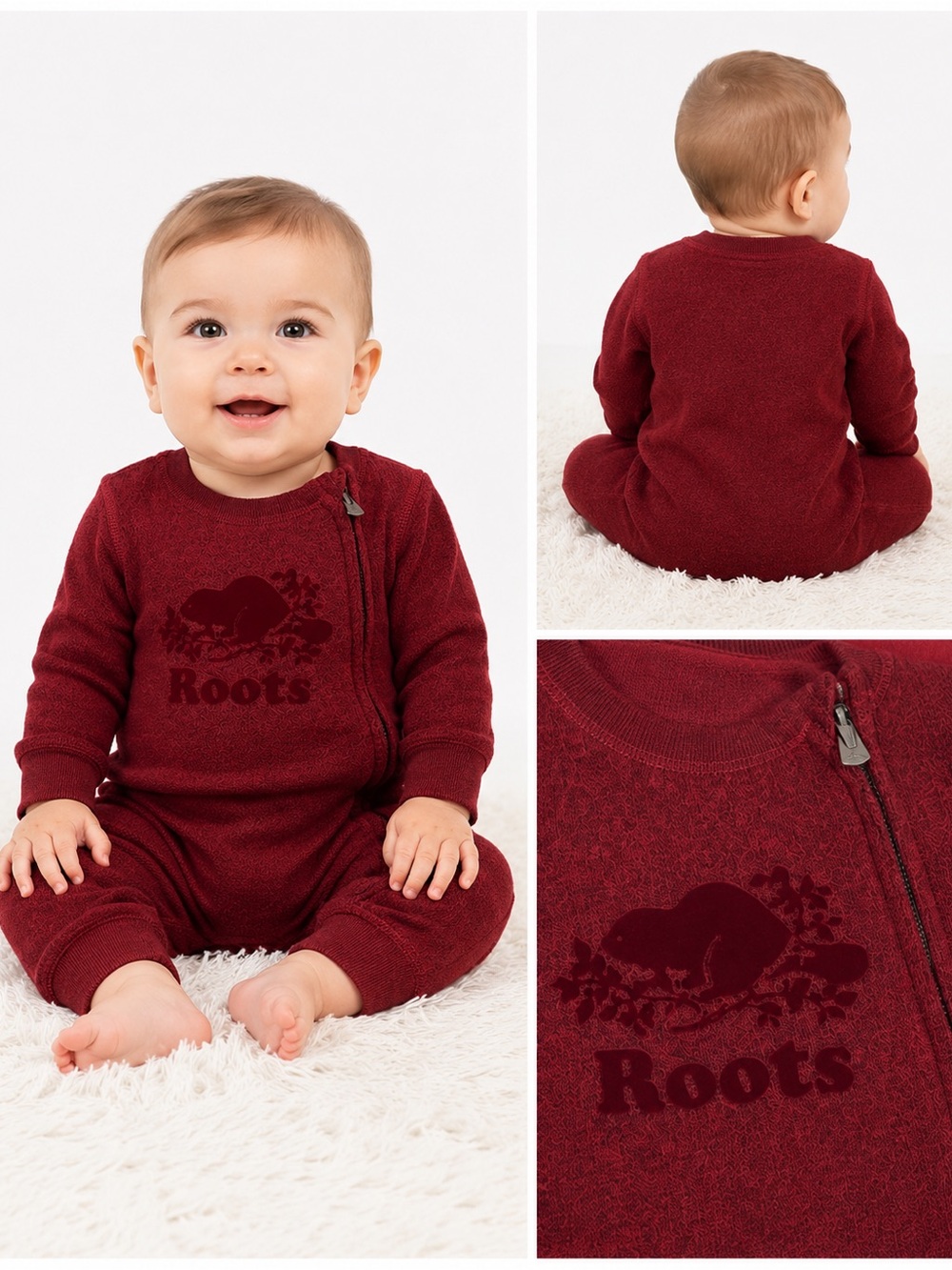 Size 3-6M Roots Baby Organic Cotton Burgundy Asymmetrical Zip Romper One Piece - Picture 2 of 7